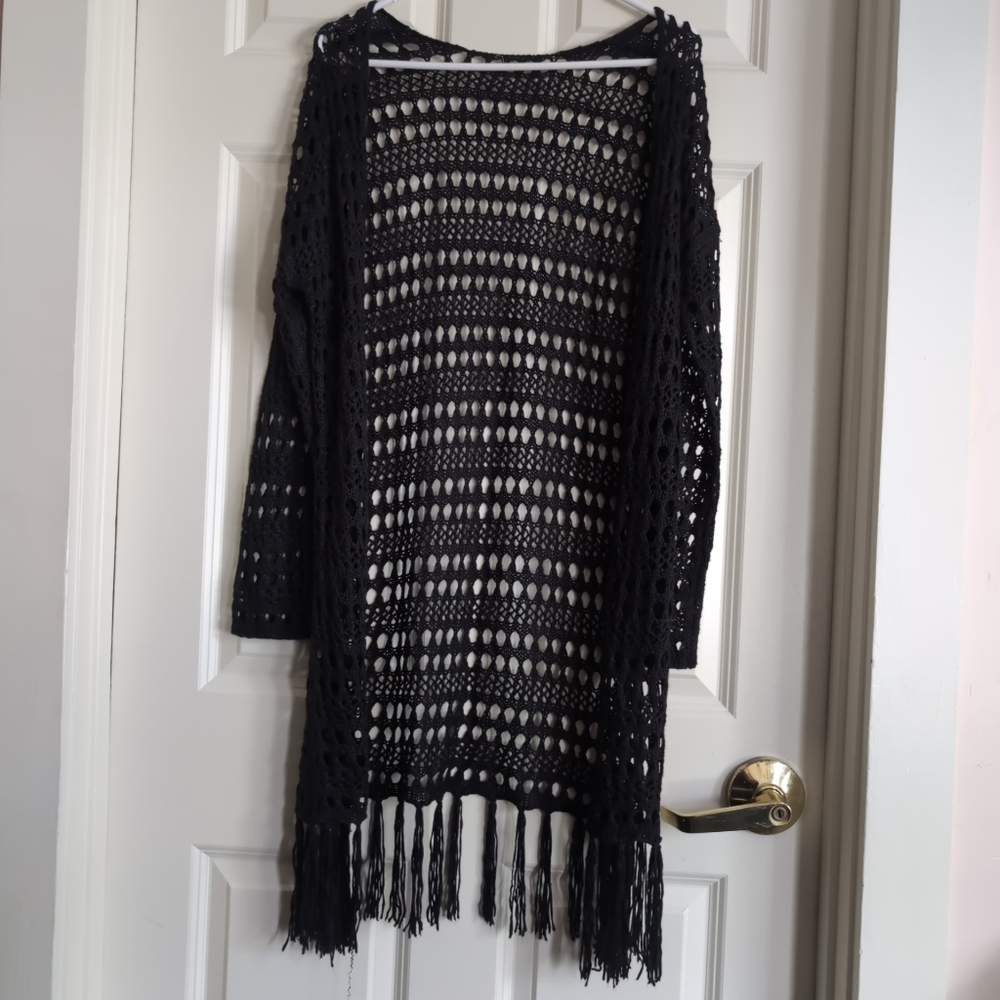Black open knit or crochet duster cardigan with fringe